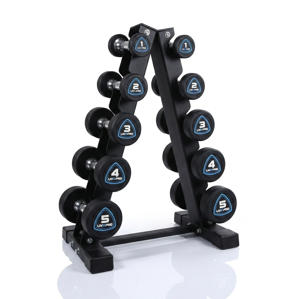 30kg Urethane Round Dumbbells Set with 5 Pairs A-Frame Rack (1kg to 5kg)