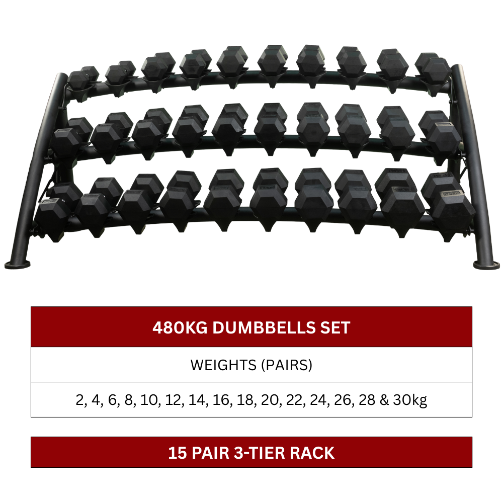 480kg Hex Dumbbell Set with 15 Pairs 3-Tier Rack (LP8903) (2kg to 30kg)